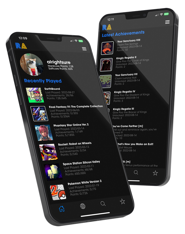 Graphic of the Retro Achievements Tracker app on a phone.